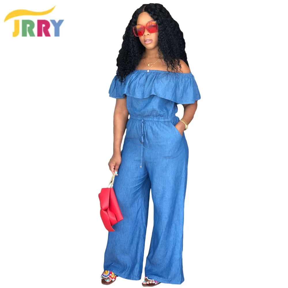 JRRY Casual Slash Neck Women Denim Jumpsuit Sashes Pockets Long Loose