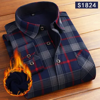 

Mens Classic Plaid Slim Fit Long Sleeve Shirt 2018 Brand New Winter Plus Velvet Warm Shirt Men Casual Dress Shirts with Pocket