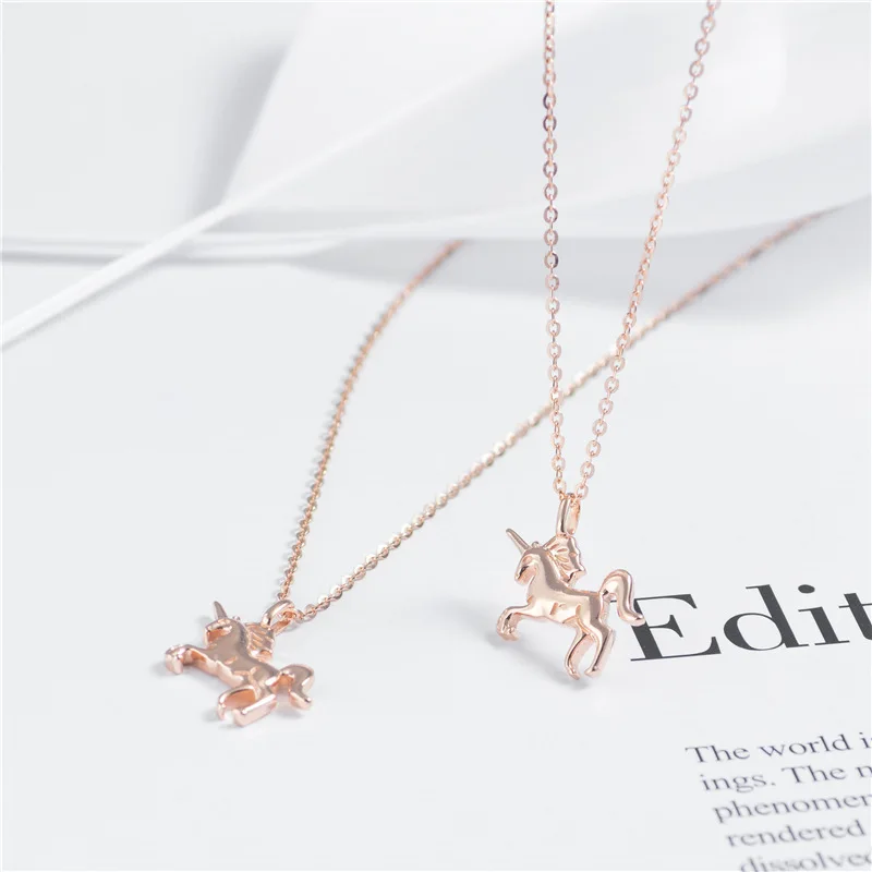 Unicorn horse rose golden necklace woman 100% S925 silver nacklace Jewellery Clavicle chain chocker pendant silver necklace