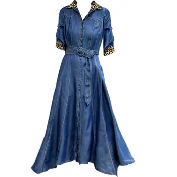 

Tecel denim dress women 2020 summer slim high waist lapel leopard patchwork half sleeve a-line jeans long jeans shirt dress