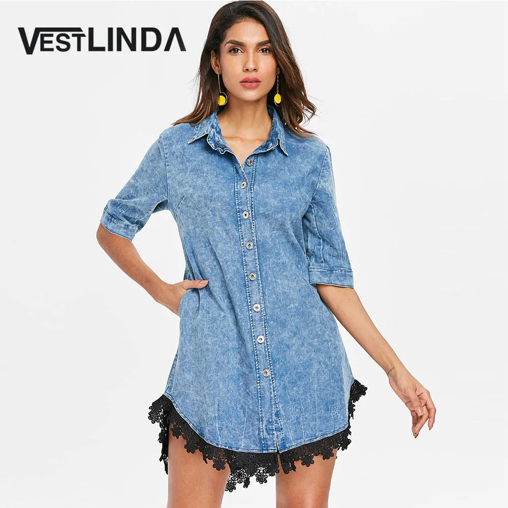 VESTLINDA Denim Dress Lace Hemline Button Up Turn Down ...