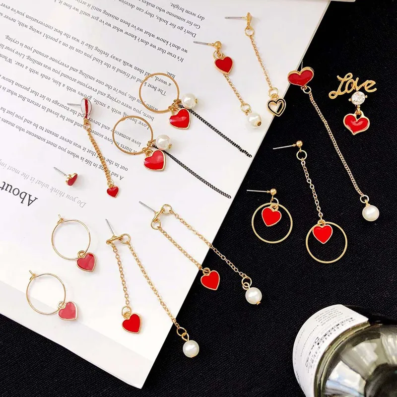 

7 Styles Hot New Fashion Red Love Heart Shaped Earrings Asymmetric Long Earrings For Women Alloy Jewelry Accessories