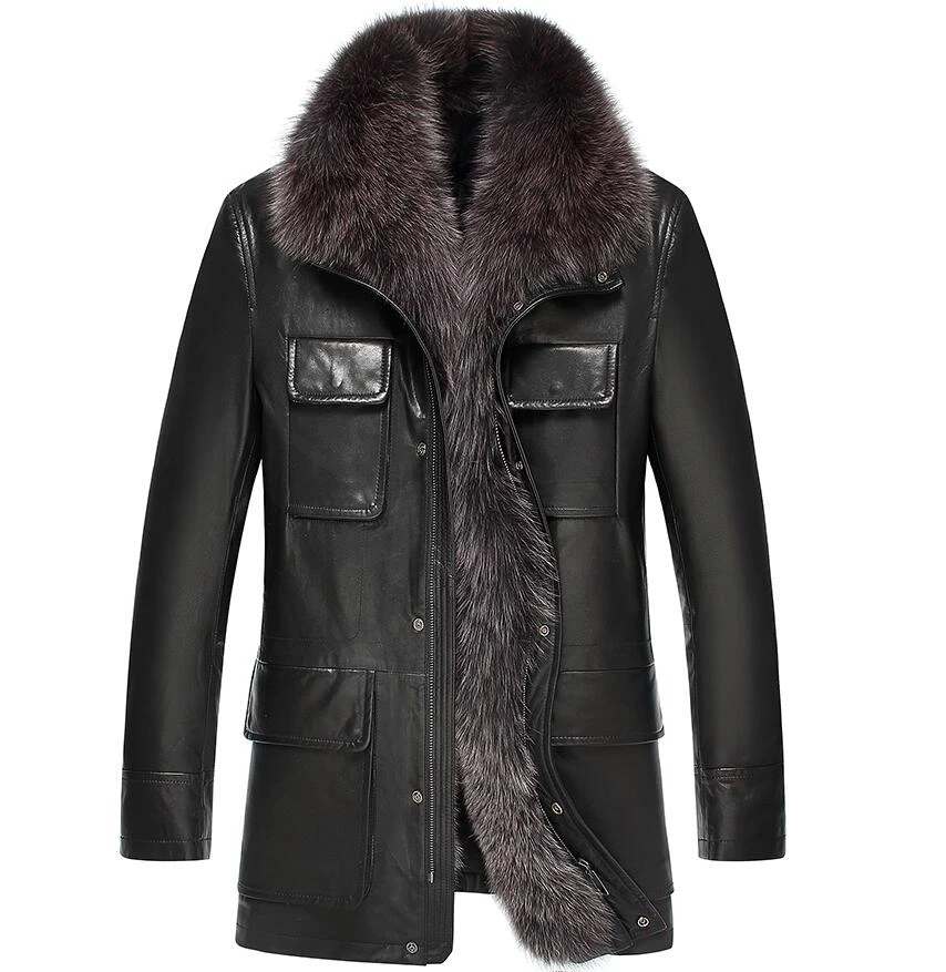 

High quality Fox collars Men Genuine Leather Winter jacket long fur Men's Winter Coat Male Real sheepskin coat