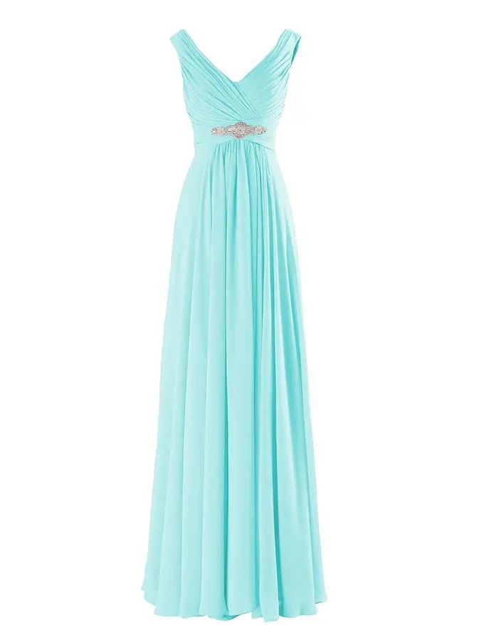Шифоновое платье трапециевидной формы с v-образным вырезом, с открытыми плечами, бриллиантами, длина до пола для свидетельницы на свадьбе, платья для свадебной вечеринки, Платье de soiree - Цвет: Tiffany Blue