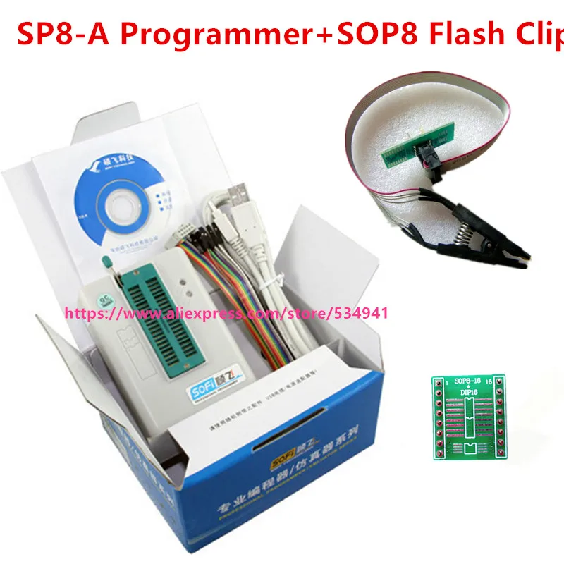 Софи SP8-A high speed usb программист+ SOP8 Flach зажим(93/24/25/BR90 мерцание/мигание eeprom), по сравнению с 4000 чипы имеют также SP8-A SP8-F SP16-B