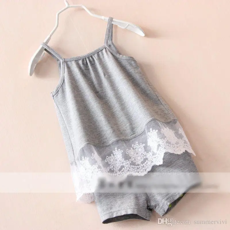  Fashion Europe and America style children outfits Suits grils sleeveless camisole lace tops Pure color shorts sets kids clothing ZAO481
