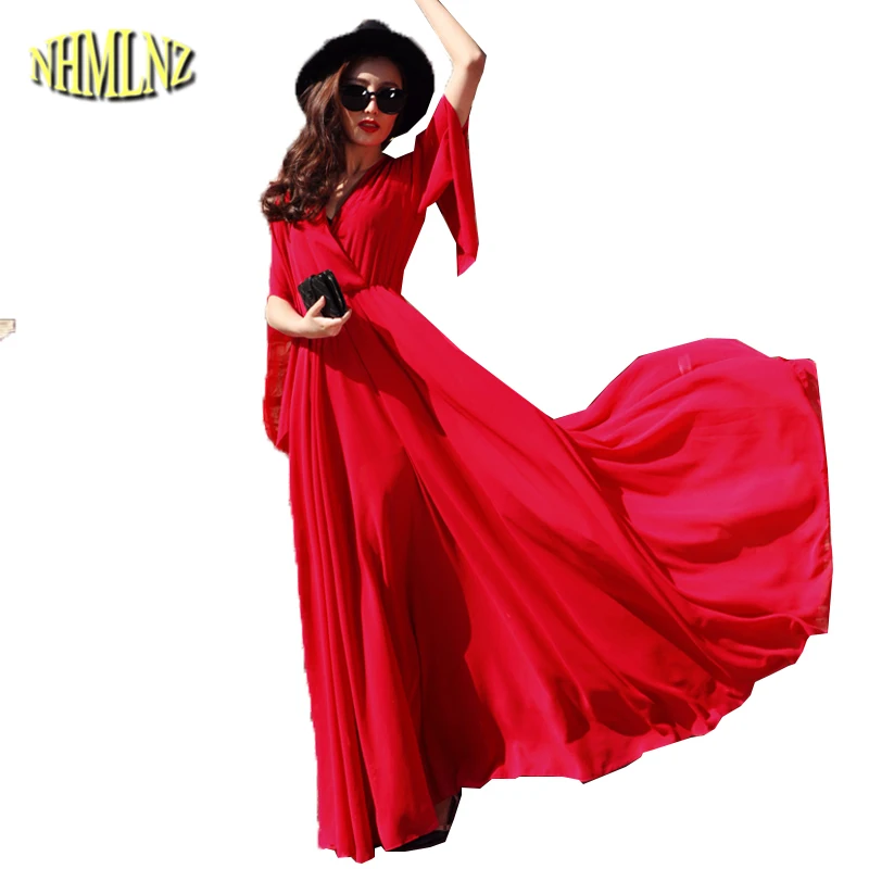 Летнее Новое красное элегантное темпераментное длинное платье для женщин однотонное расклешенное шифоновое платье с коротким рукавом и v-образным вырезом для женщин Vestidos DAN145