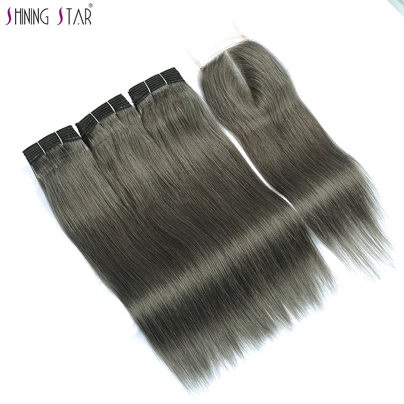 

Shining Star 3 Grey Human Hair Bundles With Closure Pre-Colored Linen Gray Malaysian Straight Hair Bundles With Closure Non Remy