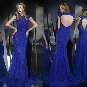 

Sexy Evening Dress Lace Backless Keyhole Cap Sleeve Sheath Royal Blue Celebrity Formal Prom Party Long Evening Dress