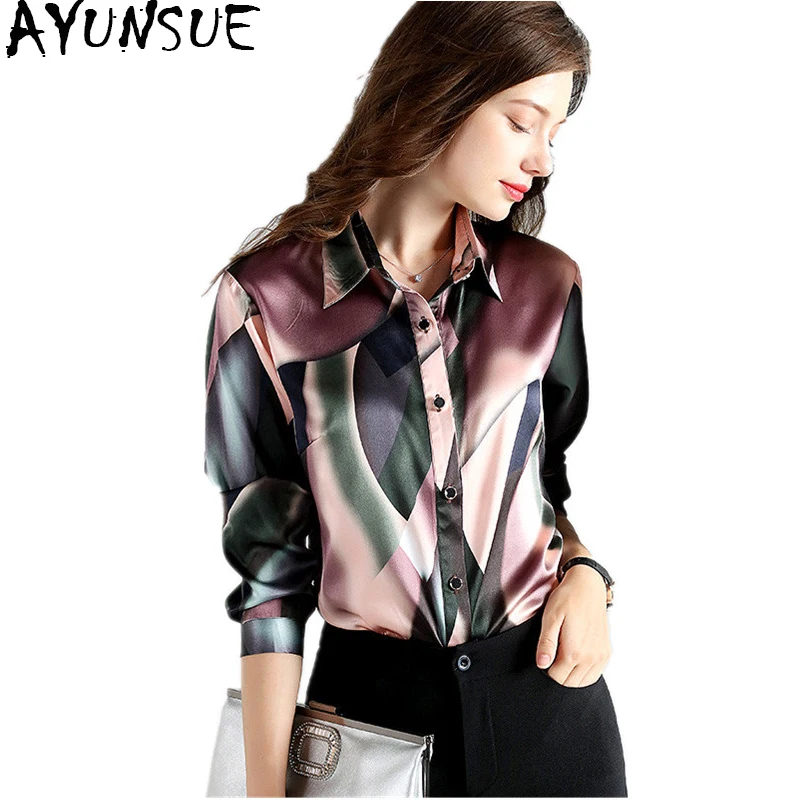 Goedkoop AYUNSUE 2018 Lente Mode 92% Zijde Blouse Office vrouwen Shirt Lange Mouwen Vrouwen Tops Blouses Plus Size blusa feminina YQ1072