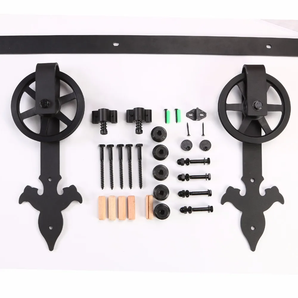 LWZH Rustic Wood Door Closet Hardware Kit Sliding Barn Door Black Arrow Flower Shaped with Big Rollers for Sliding Single Door