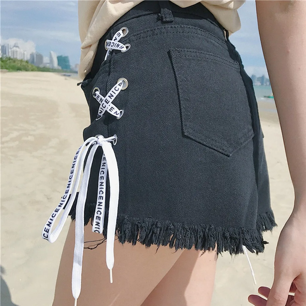 

Women High Waist Jean Shorts Female Bandage Lace Up Denim Short Jeans For Women Tassel Boyfriend Shorts Denim Pants Summer Hot