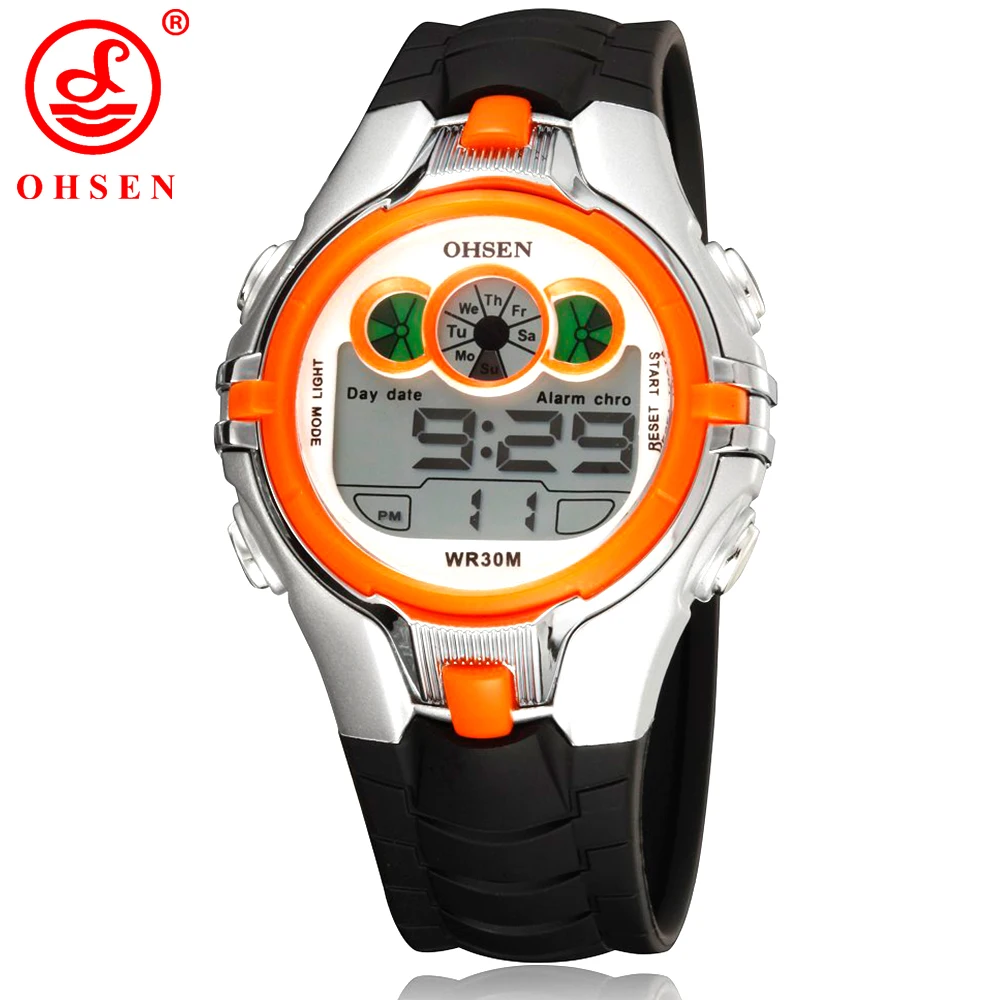 OHSEN, детские спортивные часы для мальчиков и девочек, водонепроницаемые оранжевые часы, 7 цветов, светодиодный светильник, Многофункциональные цифровые часы