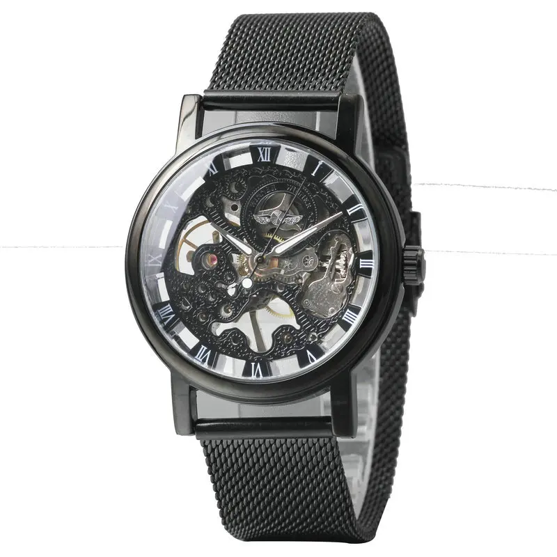 WINNER Классические Золотые механические мужские часы лучший бренд класса люкс Нержавеющая сталь ремешок Скелет циферблат мода Бизнес наручные часы - Цвет: Black