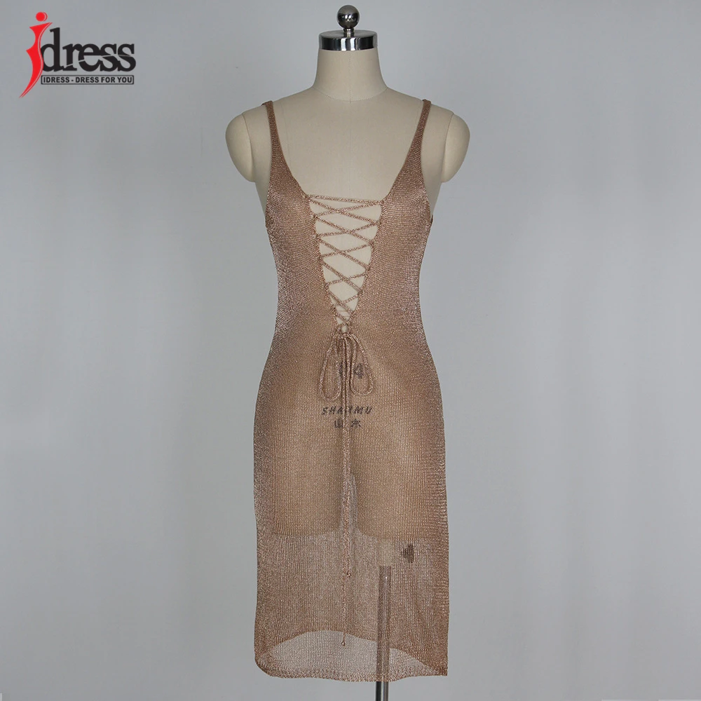 IDress Big Size Rose Gold Women Casual Sleeveless Hollow Out Golden Women Beach Dresses Deep V Neck Lace Up Tank Dress Vestidos (6)