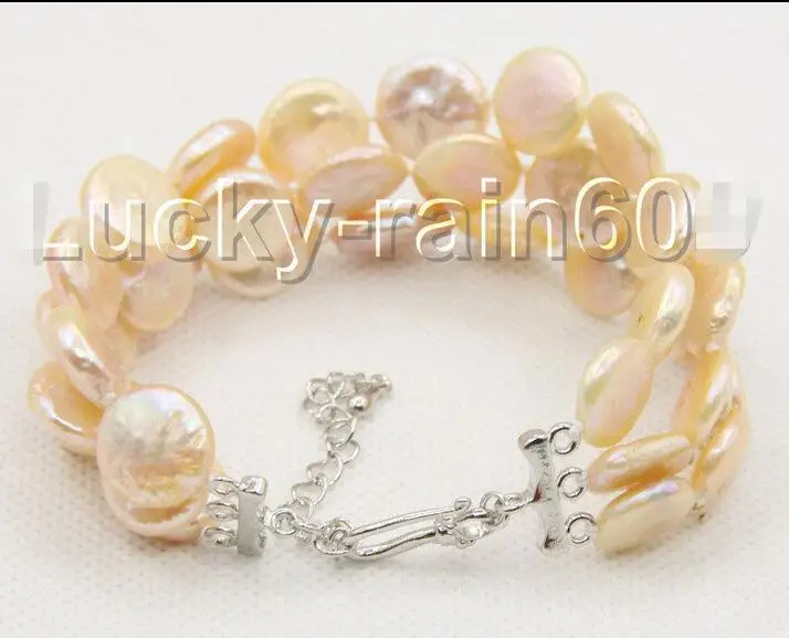 

FREE SHIPPING HOT sell new Style >>>> 7"-9.5" 3row 12mm coin fastener pink pearls bracelet E8751