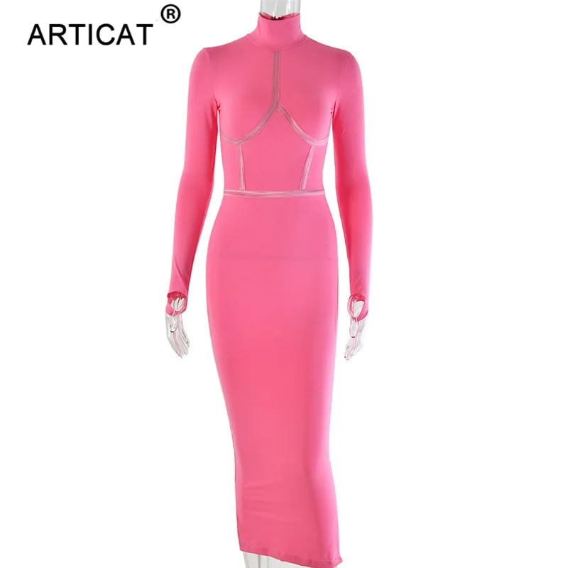 Articat, хлопковое сексуальное Бандажное длинное платье с высокой горловиной, женское облегающее летнее платье-карандаш с длинным рукавом,, Клубное вечернее платье vestidos - Цвет: Rose Red