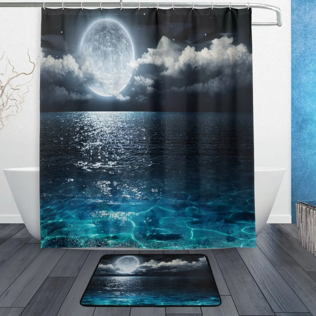 Galaxy Earth Moon Shower Curtain and Mat Set, Beach Ocean Sea