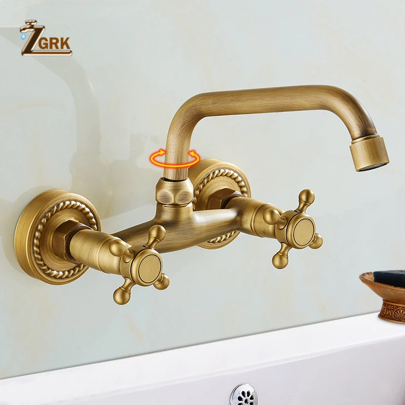 ZGRK Bronze Bathroom Faucet Wall Mounted Basin Faucet 360 Degree Rotation Double Handle Crane Cold Hot Water Mixer Tap Torneira