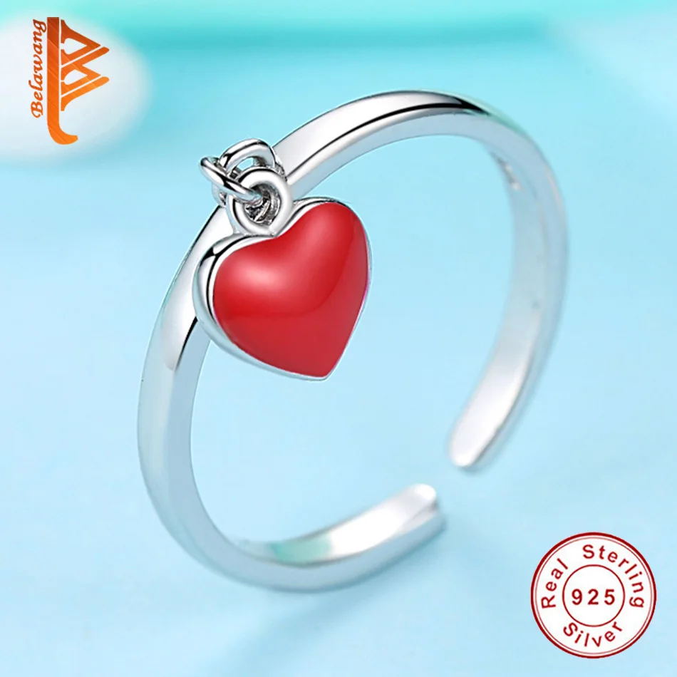 BELAWANG 925 Sterling Silver Red Enamel Pendant Heart Rings for Women Silver Open Ring Engagement Wedding Fashion Jewelry