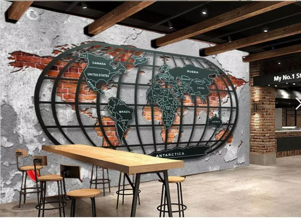 

Retro relief metal world map bar restaurant 3D background wall decoration wallpaper murals