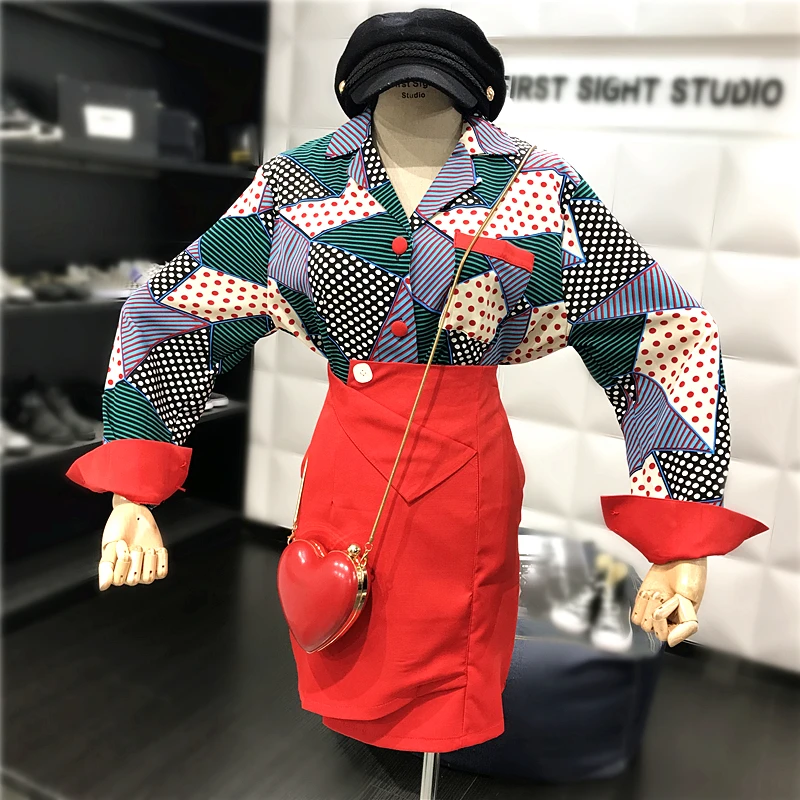 

Fashion Autumn Runway Designer Women Two Piece Set Polka Dot Printing Shirts Tops And Slim Package Hip Skirt Clothing Sets SL462