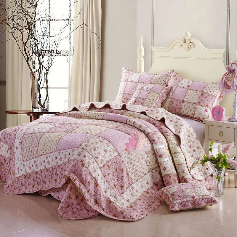 

CHAUSUB 100% Cotton Quilt Set 3PC Korean Floral Printed Patchwork Bedspread Bed Cover Duvet Cover Shams Coverlet Bedding