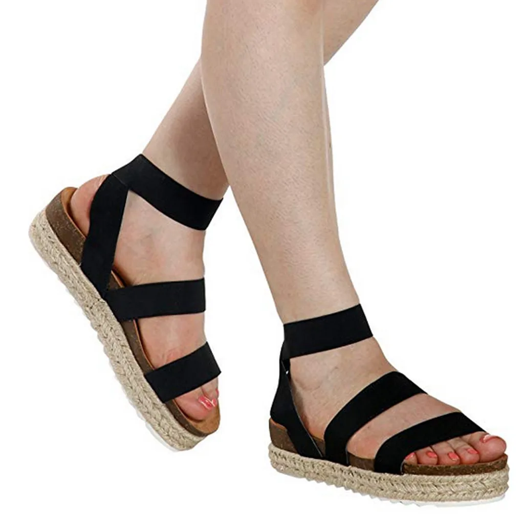 

YOUYEDIAN sandals for women platform 2019 Womens Fashion Flats Open Toe Ankle Elastic Band Straps Flatform Roman Sandals#g4