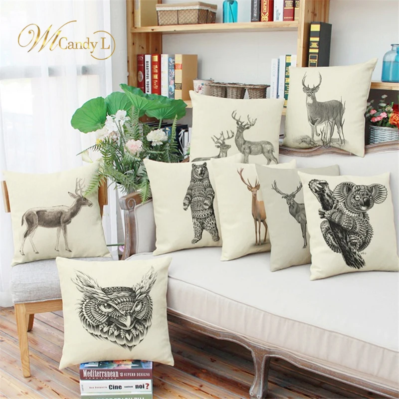 WL Candy L Deer Pattern Cushion Cover Home Decorative Sofa Linen Throw Pillow Couch Beige Color