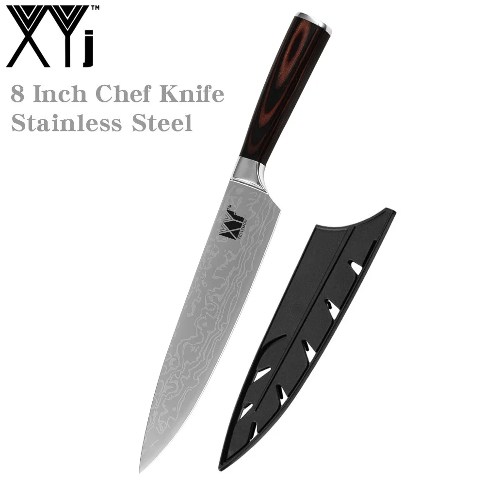 XYj 8 inch Stainless Steel Chef Knife Damascus Pattern Blade Color Wood Handle Kitchen Cooking Knives Meat Fish Tools Accessory - Color: NO.5