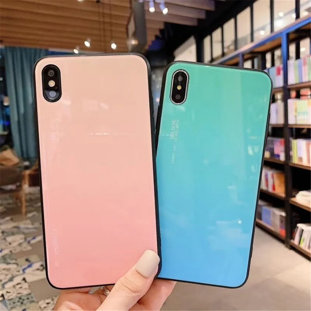 HUANQING Fashion Gradient Glass Tempered Glass Phone Case For iphone XR XS MAX X 8 7 6 6S Plus  Colorful Mobile Phone Cover Luxury Shell02
