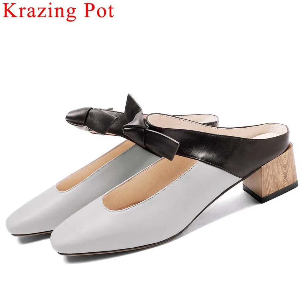

Krazing Pot superstar wood block chunky heels mixed colors full grain leather butterfly-knot slip on mules square toe pumps L76