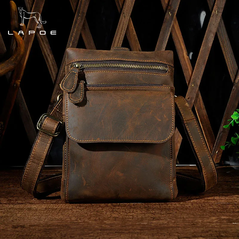 LAPOE Cow Genuine Leather Messenger Bags Men Travel Vintage Crossbody ...