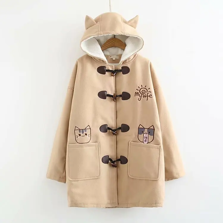 Pocket embroidery kitten horn button Thicken Woolen coat mori girl winter