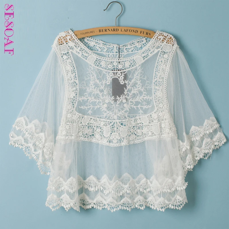 

SESOAF Women Chic Vintage Casual Retro Floral Crochet Blouses Fashion Hollow Out Lace Mesh Boho Cover up Tops Crop White Blouses