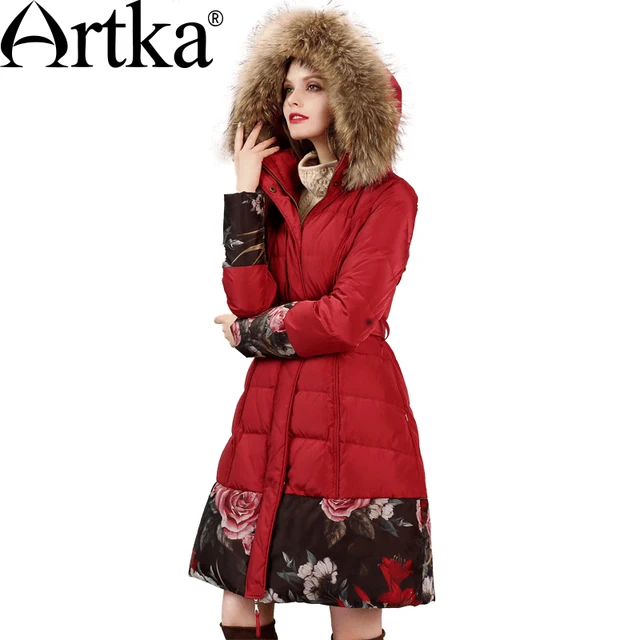 Cheap Artka Women's Winter New Floral Printed Patchwork Down Coat Vintage Hooded Fur Collar Long Sleeve Down Coat With Sashes ZK11867D