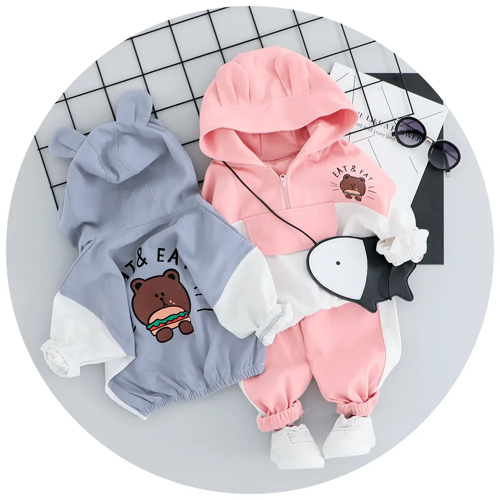 Осенние комплекты одежды для маленьких девочек толстовки с рисунком медведя+ полосатые брюки Детская Хлопковая спортивная одежда, спортивные костюмы для мальчиков, комплект из 2 предметов