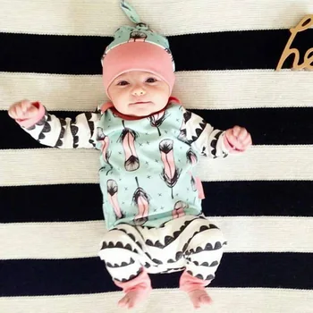 

INS designs /Feather print outfits / t-shirt + pant +hat , 3pcs/set /boy or girl outfits /Toddler baby outfits