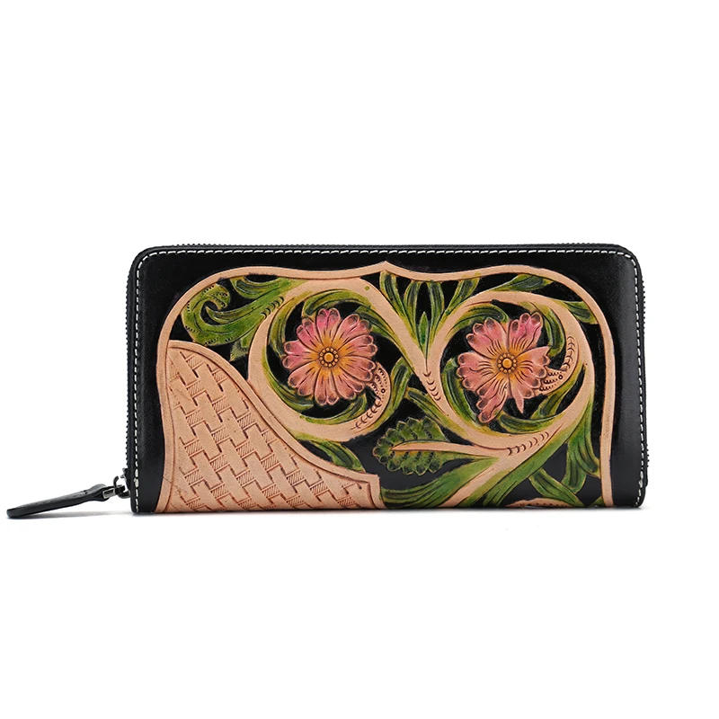 

100% hand carve Real Leather Zip Wallet Genuine Leatherwomen wallets long purse