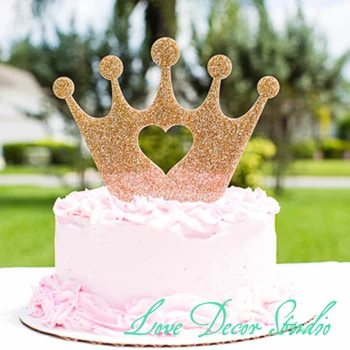 

6" wide x 5" tall Cake Topper Princess Crown for BirthdayGold Glitter Girls' Birthday Party Cake Topper Princess crown with Hear