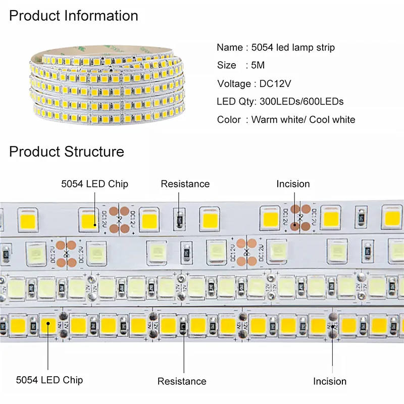Светодиодный ленточный светильник SMD 5054 150 светодиодов 300 5 м 12 в пост. Тока гибкая