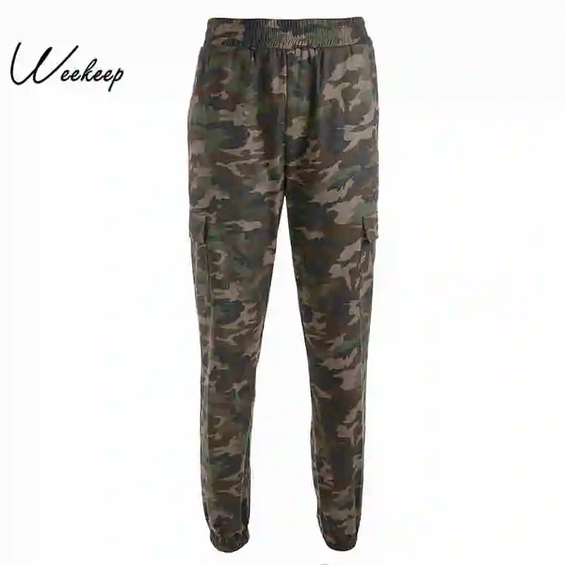 Weekeep Women High Waist Camouflage Cargo Pants Pockets Patchwork