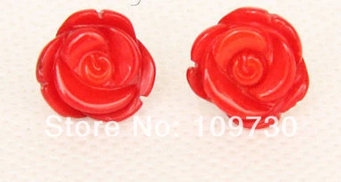 

ry00165 Genuine carven flower 12mm red coral Earrings 14KGP gold Stud