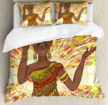 

African Woman Duvet Cover Set Dancing Woman Hand Drawing Ethnic Geometric Ornament Colorful Print 4 Piece Bedding Set