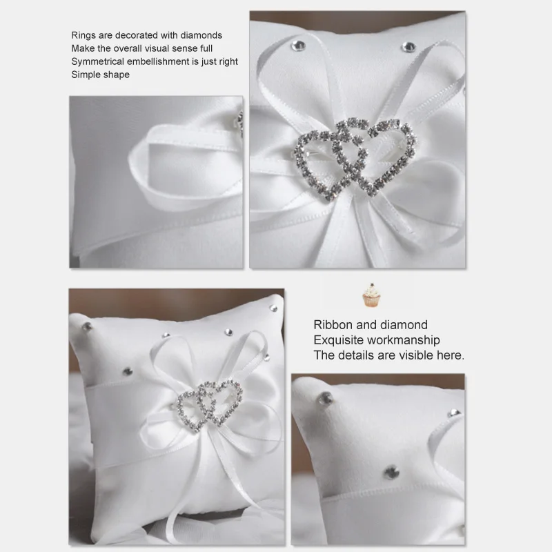 Drop Shipping European Wedding Decor Ring Pillow Double Heart White Red Blue Handmade Ribbon Bowknot Rhinestone Party Supplies