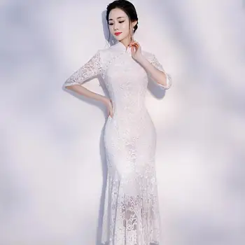 

Hot Sale Lady Lace Chinese Dress White Classic Elegant Mermaid Qipao Women Slim Mandarin Collar Cheongsam Oversized S-3XL