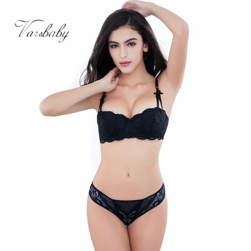  Varsbaby new sexy black lace half cup thin underwear gather women bra sets