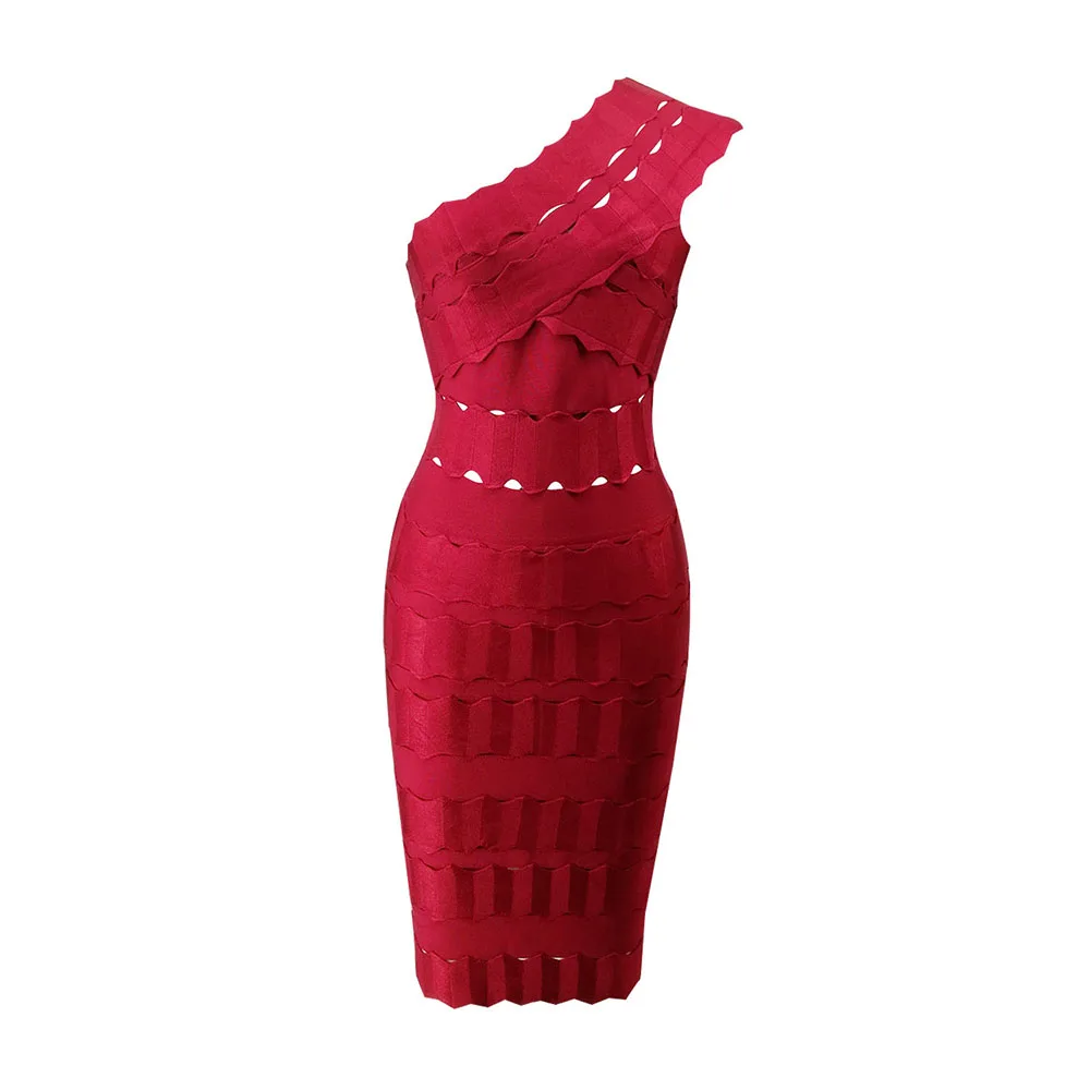 

2019 New Women Sexy Bodycon Jaquard Bandage Dress One Shoulder Hollow Out Chic Vestidos De Fiesta Evening Party Dresses