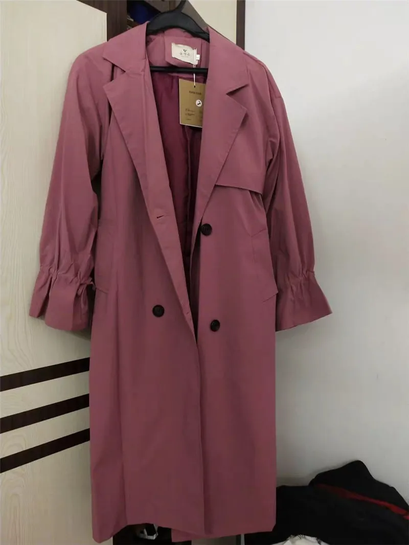 Весна осень новое пальто для женщин свободного покроя длинный рукав ветровка двубортная с поясом Длинная Верхняя одежда R115