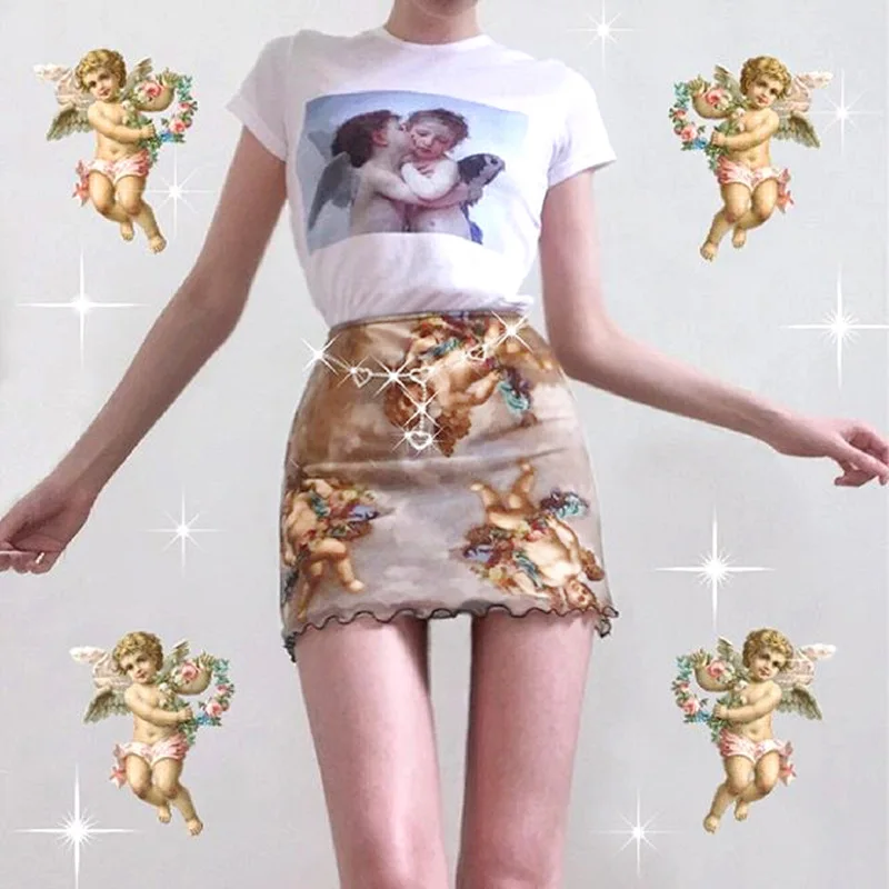 

Harajuku Angel Print Kawaii Summer Skirt Mesh Patchwork Double Layer Cute Skirts Womens Elastic High Waist Skirt